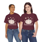 Model wearing the maroon Thankful & Blessed Pumpkin T-Shirt