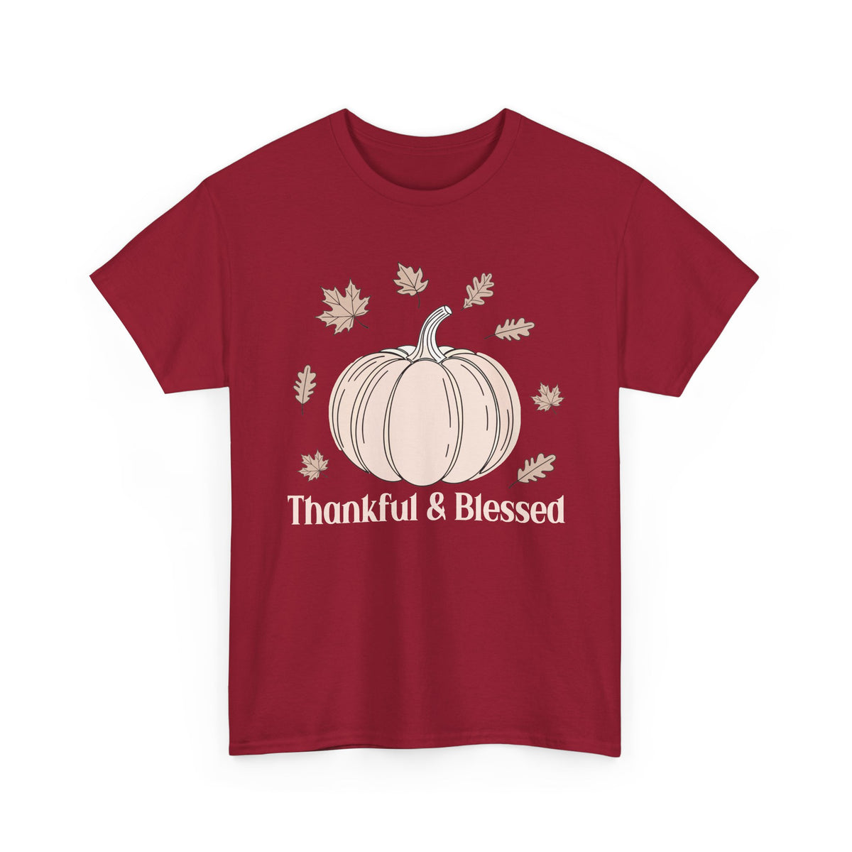 Cardinal Red Thankful & Blessed t-shirt with a cream pumpkin and falling autumn leaves, front view