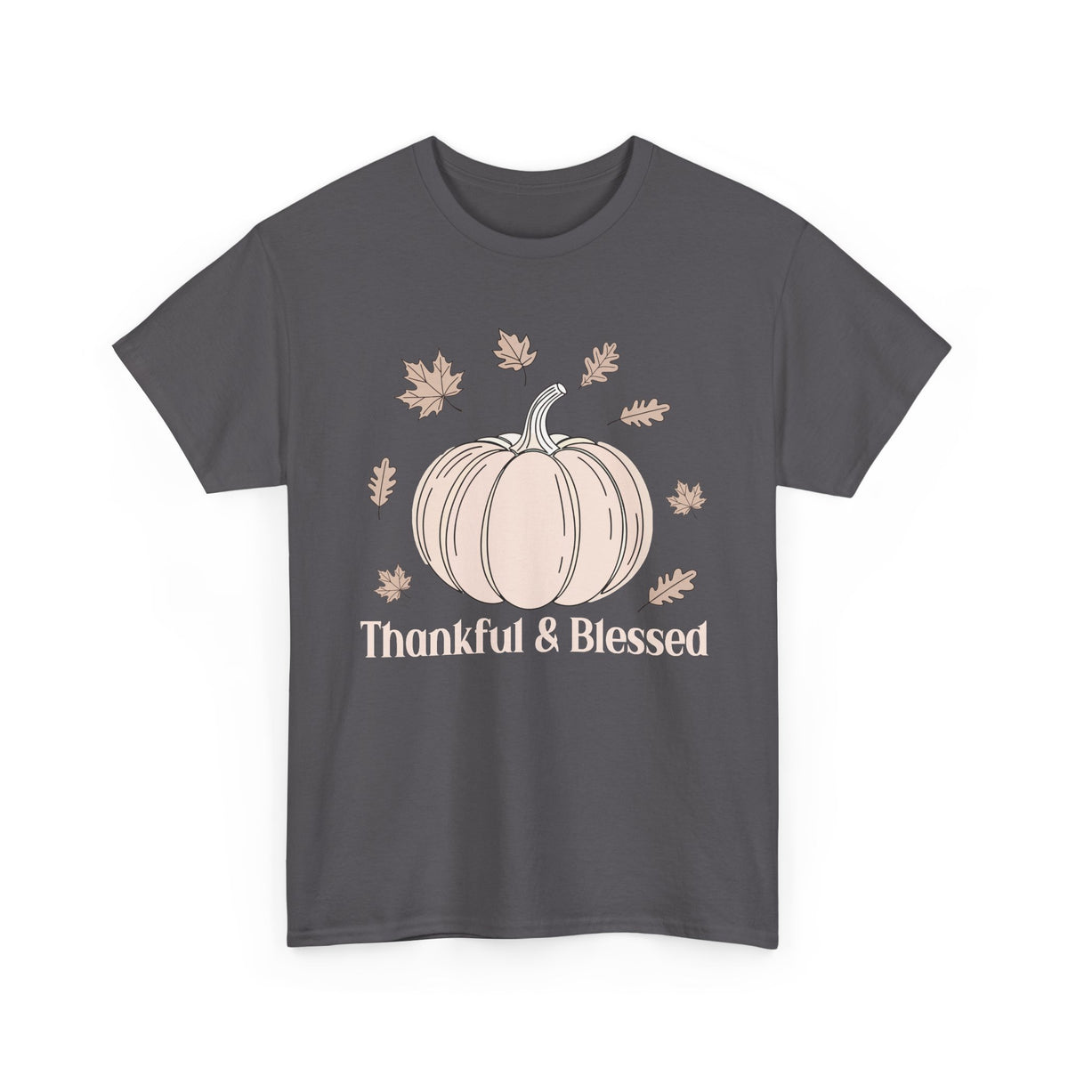 Charcoal Thankful & Blessed t-shirt with a cream pumpkin and falling autumn leaves, front view
