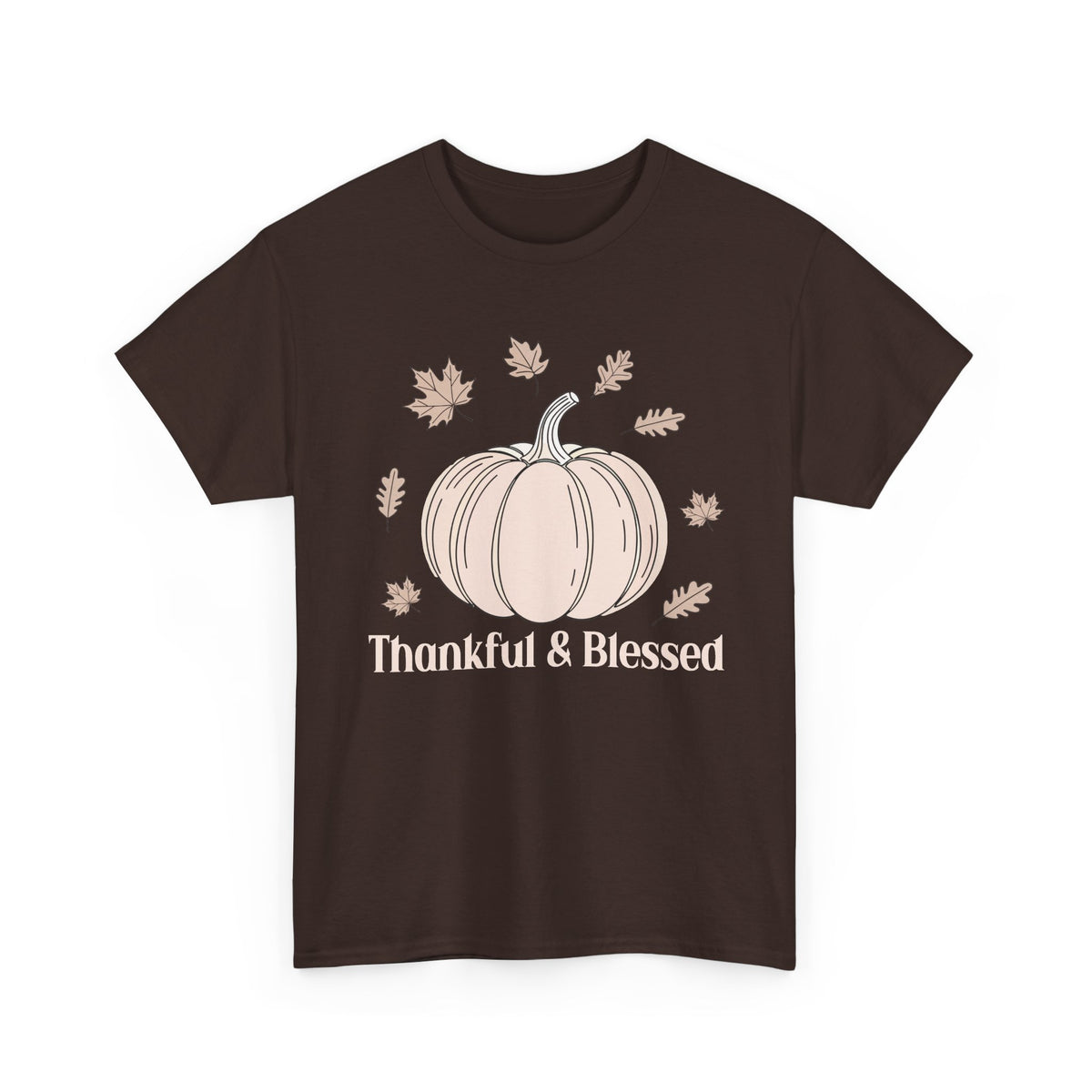 Dark Chocolate Thankful & Blessed t-shirt with a cream pumpkin and falling autumn leaves, front view
