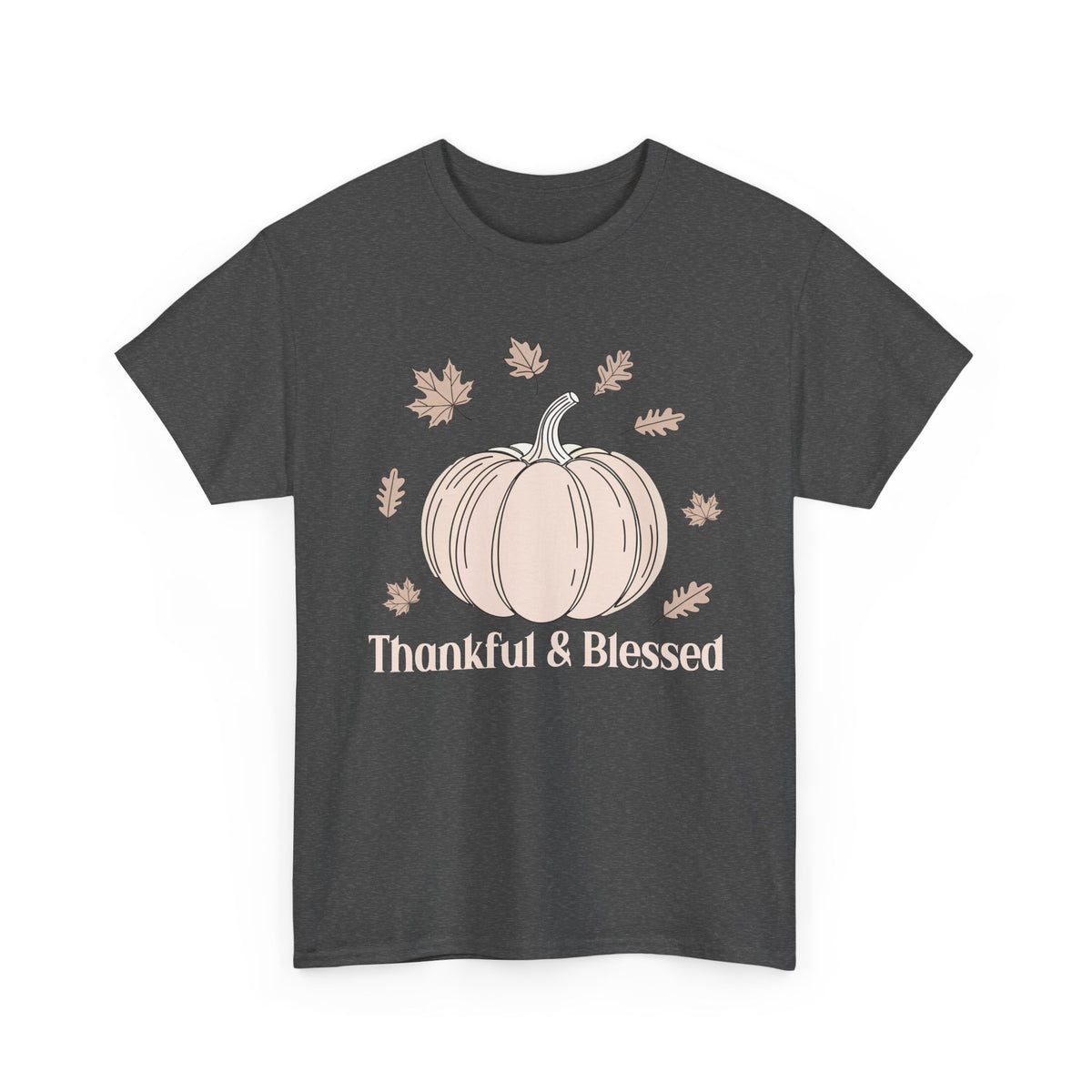 Dark Heather Thankful & Blessed t-shirt with a cream pumpkin and falling autumn leaves, front view