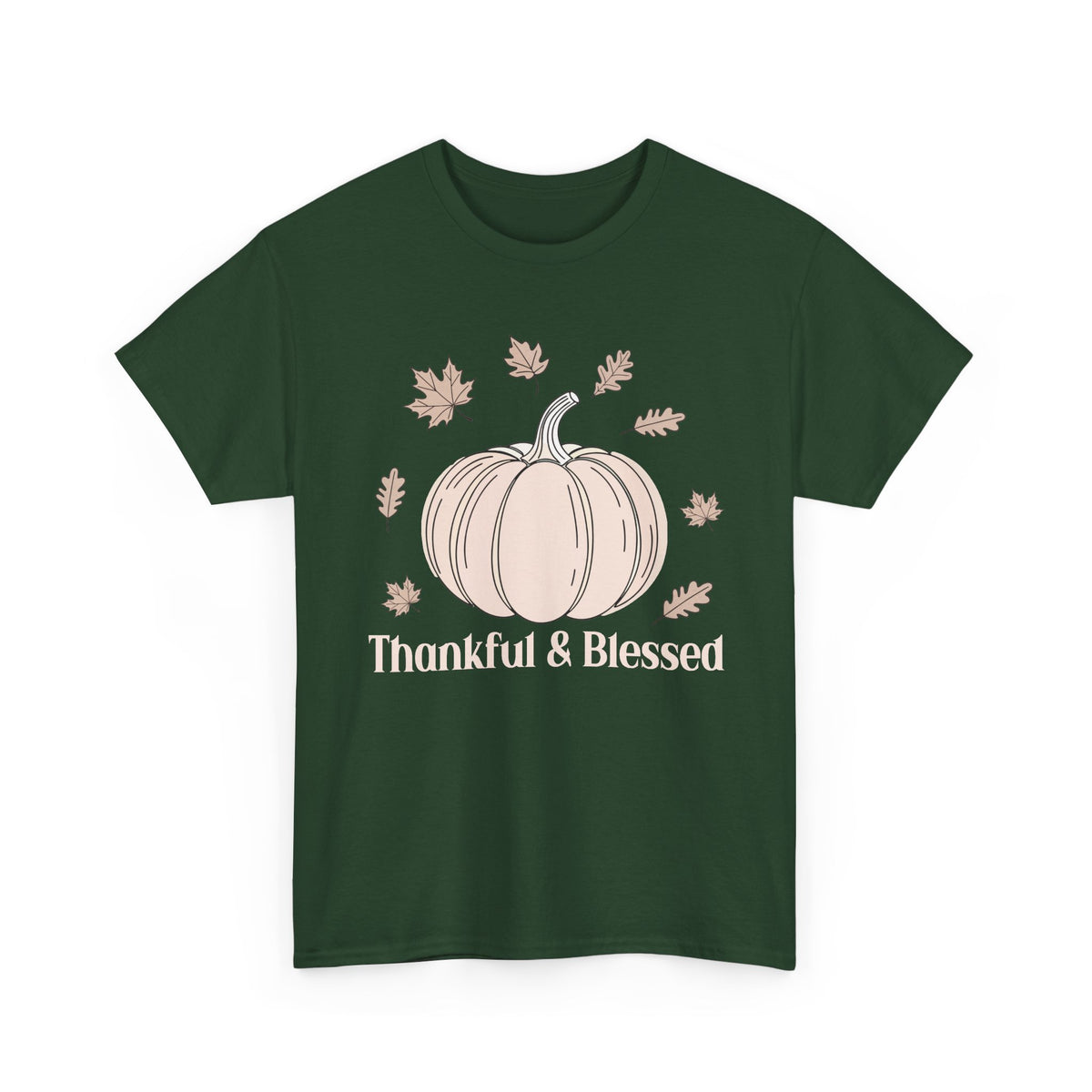 Forest Green Thankful & Blessed t-shirt with a cream pumpkin and falling autumn leaves, front view