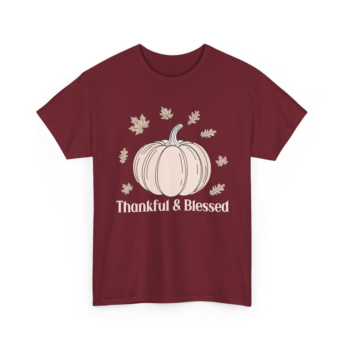 Garnet Thankful & Blessed t-shirt with a cream pumpkin and falling autumn leaves, front view