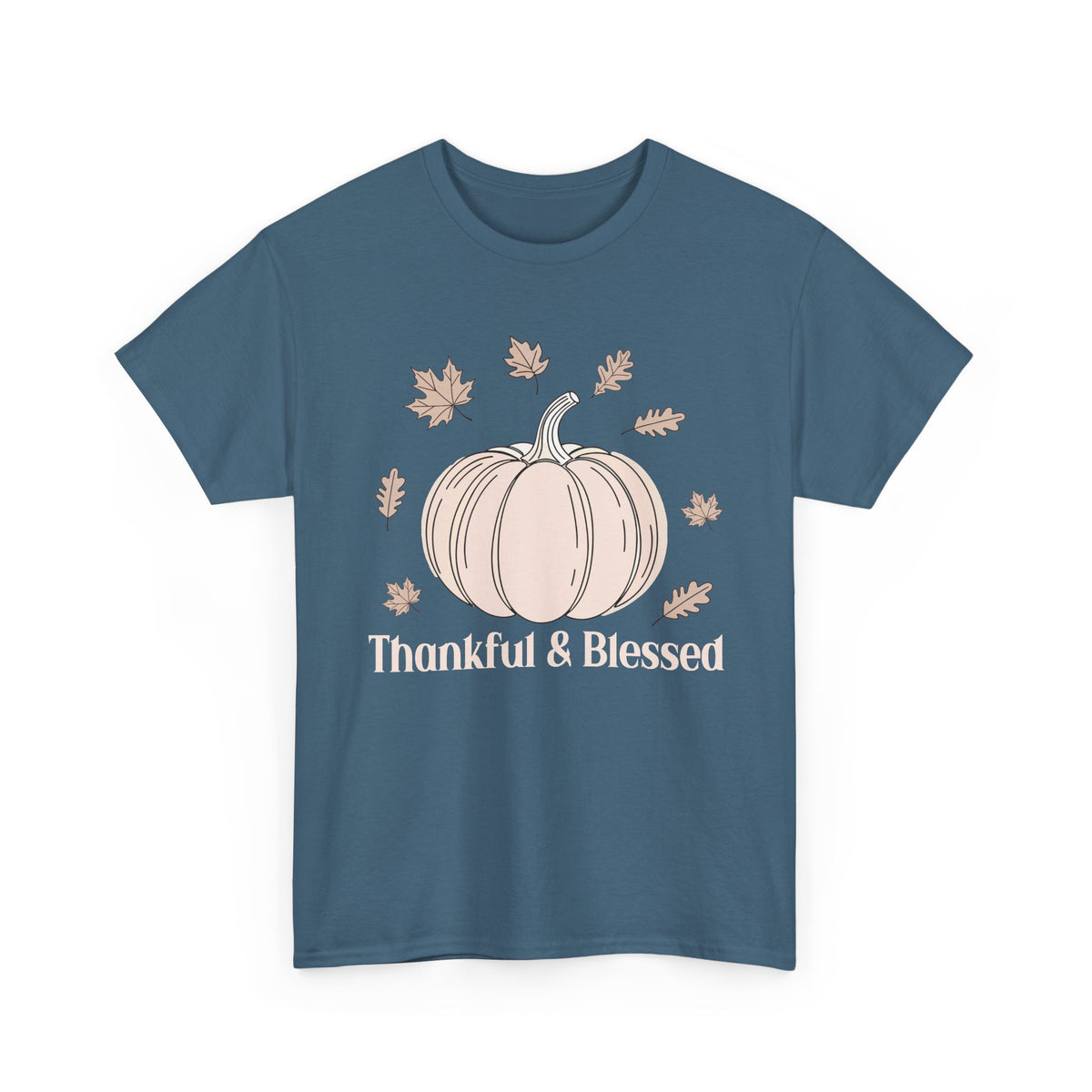 Indigo Blue Thankful & Blessed t-shirt with a cream pumpkin and falling autumn leaves, front view