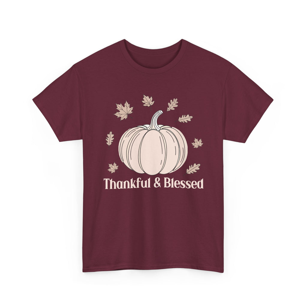 Maroon Thankful & Blessed t-shirt with a cream pumpkin and falling autumn leaves, front view