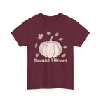 Maroon Thankful & Blessed t-shirt with a cream pumpkin and falling autumn leaves, front view