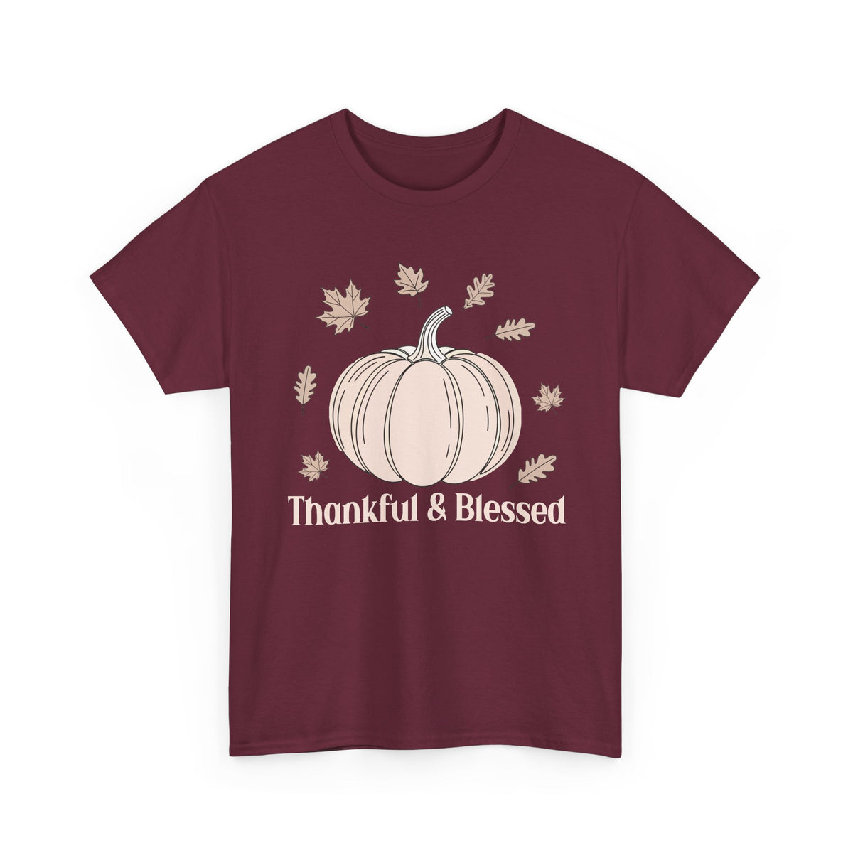 Maroon Thankful & Blessed t-shirt with a cream pumpkin and falling autumn leaves, front view
