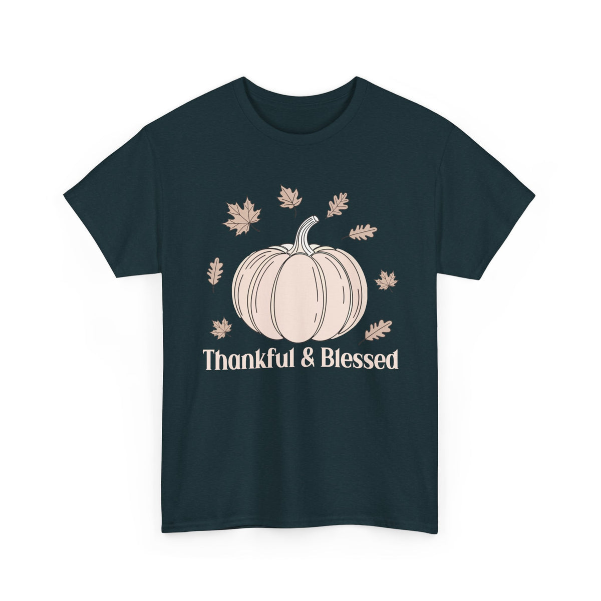 Midnight Thankful & Blessed t-shirt with a cream pumpkin and falling autumn leaves, front view