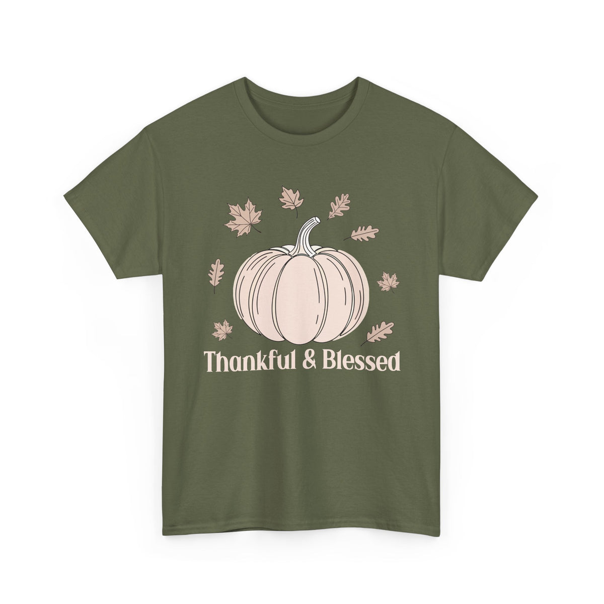 Military Green Thankful & Blessed t-shirt with a cream pumpkin and falling autumn leaves, front view