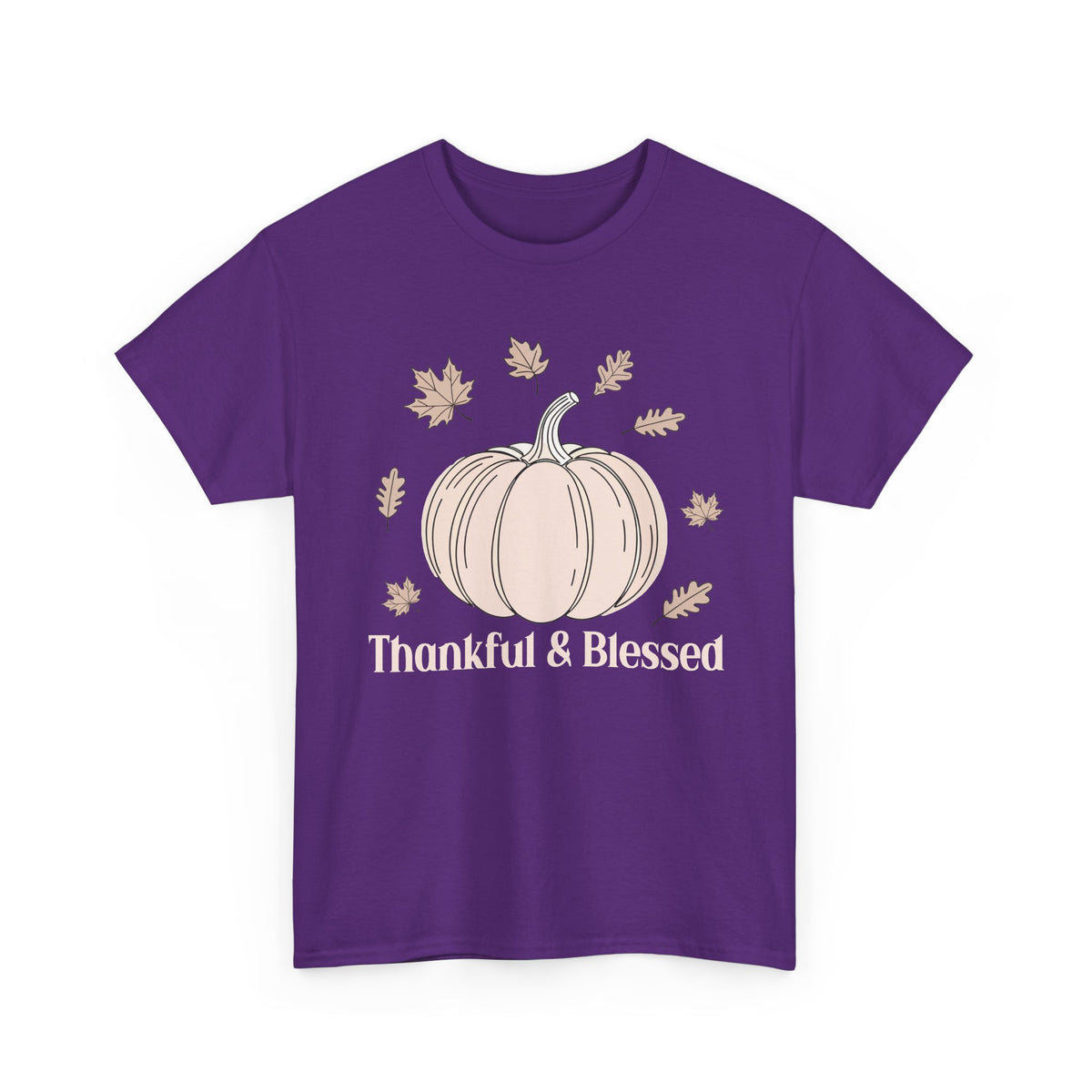 Purple Thankful & Blessed t-shirt with a cream pumpkin and falling autumn leaves, front view