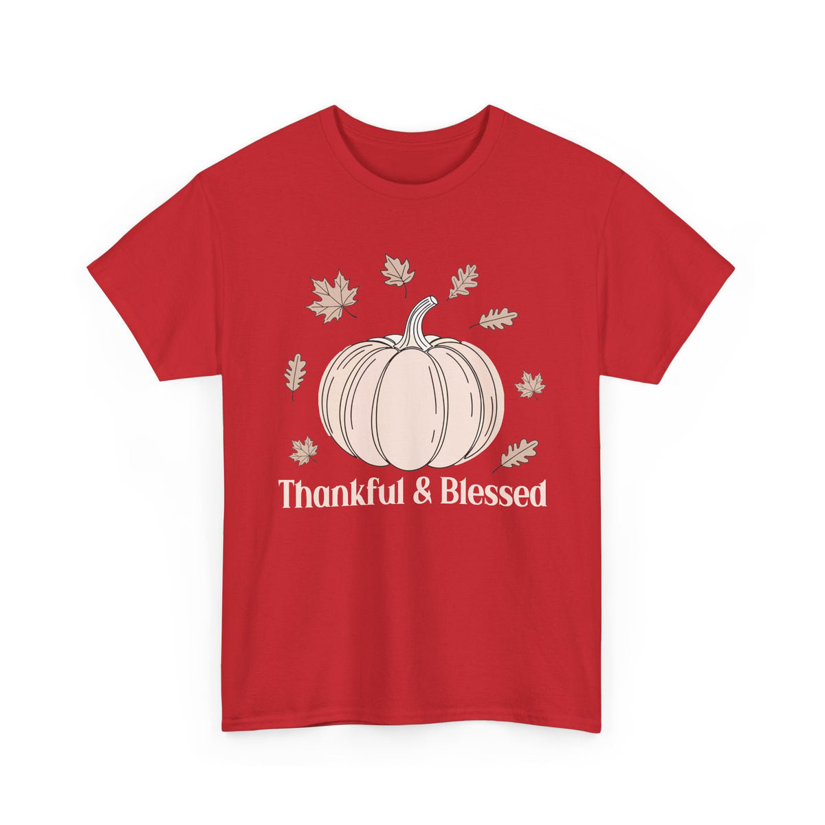 Red Thankful & Blessed t-shirt with a cream pumpkin and falling autumn leaves, front view
