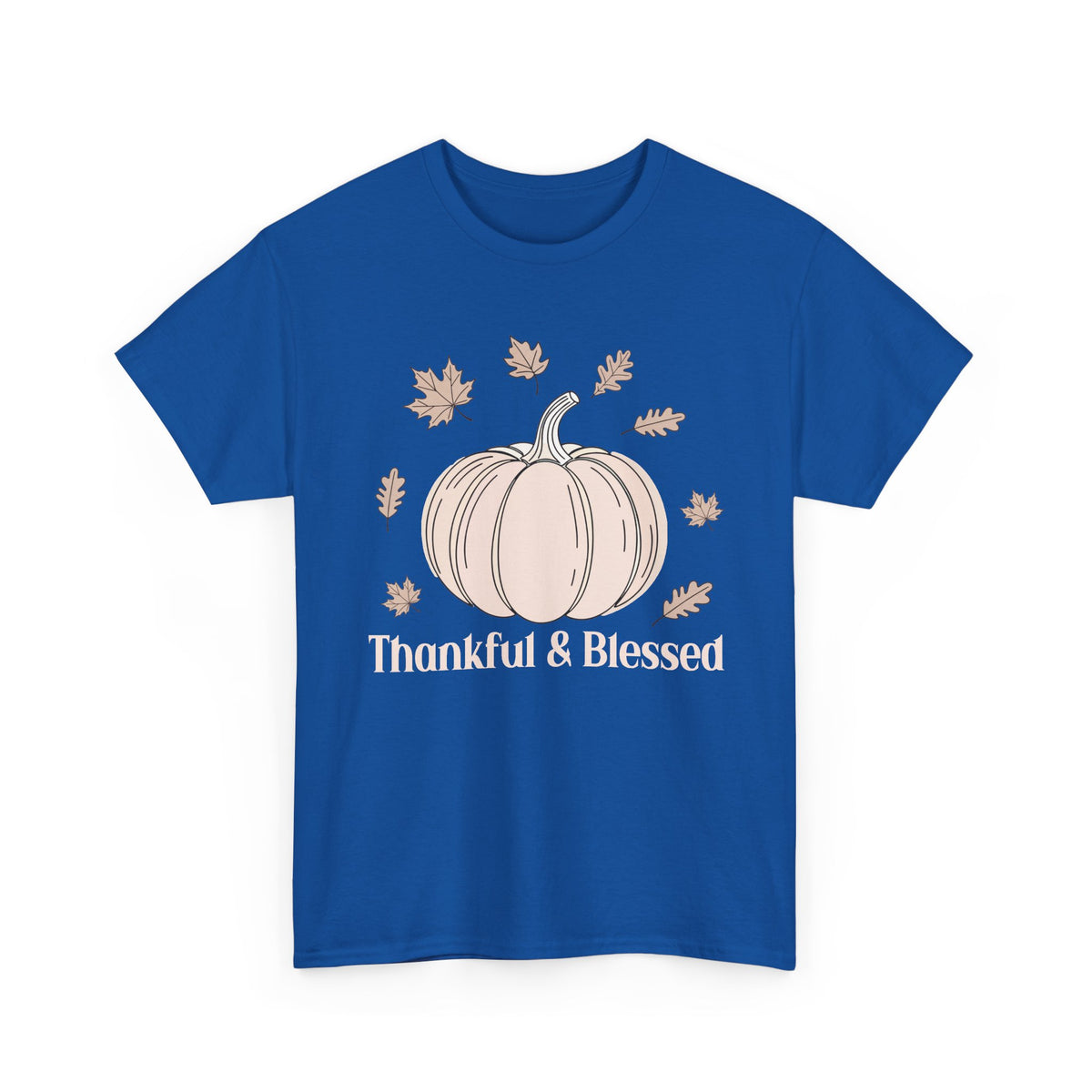 Royal Thankful & Blessed t-shirt with a cream pumpkin and falling autumn leaves, front view