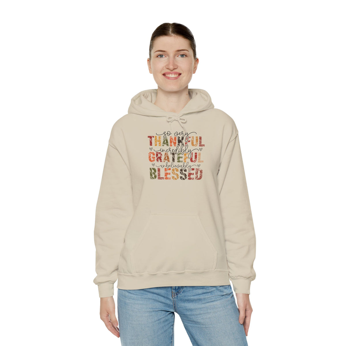 Model wearing the sand Thankful Grateful Blessed Hoodie
