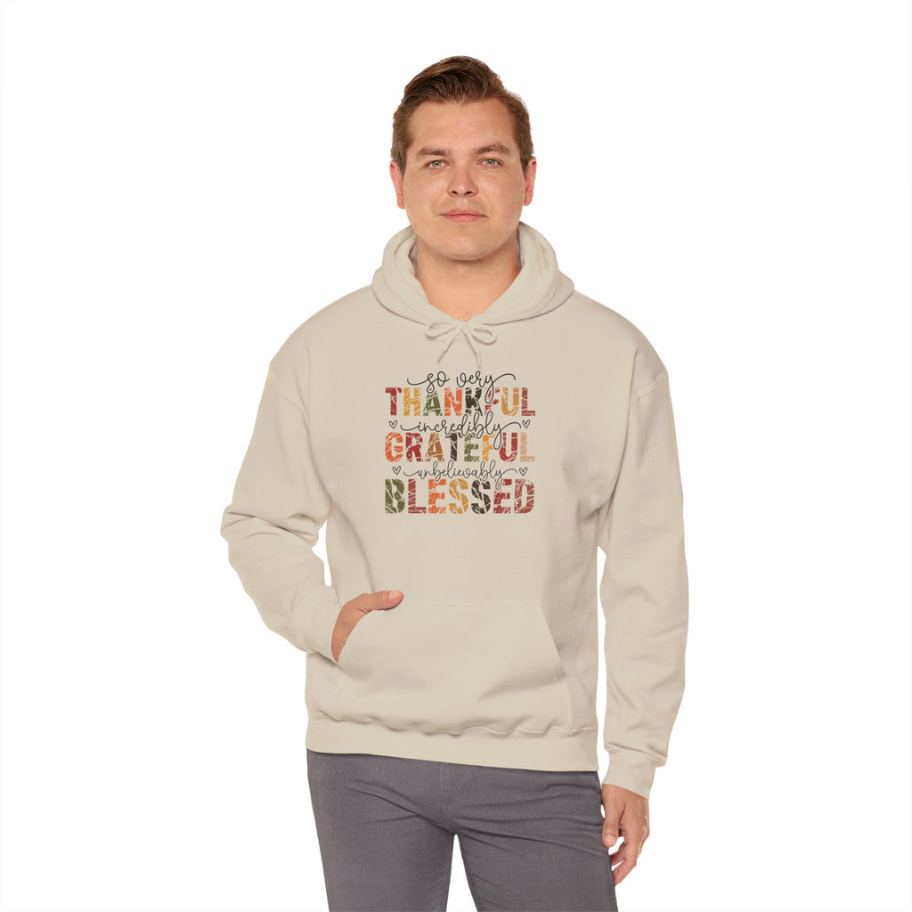 Model wearing the sand Thankful Grateful Blessed Hoodie