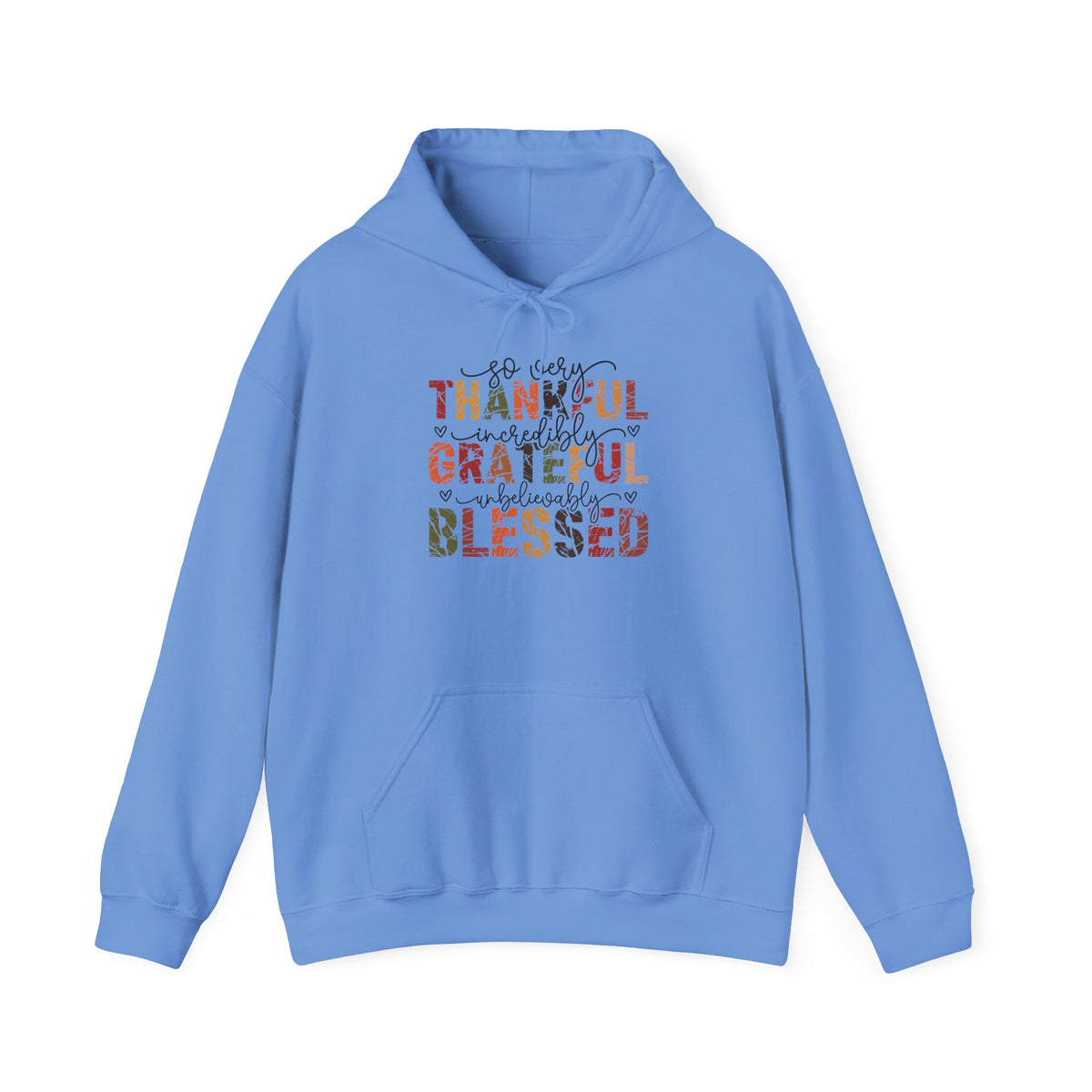 Carolina Blue Thankful Grateful Blessed hoodie with distressed autumn lettering and script, front view
