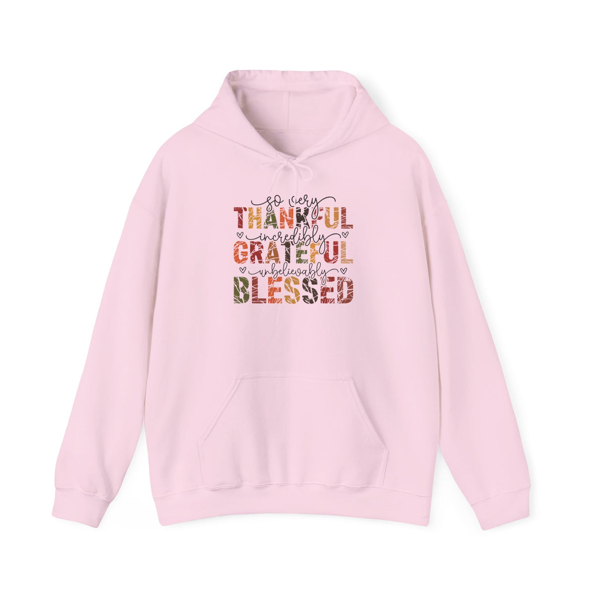 Light Pink Thankful Grateful Blessed hoodie with distressed autumn lettering and script, front view