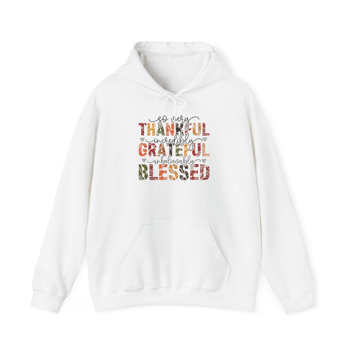 White Thankful Grateful Blessed hoodie with distressed autumn lettering and script, front view