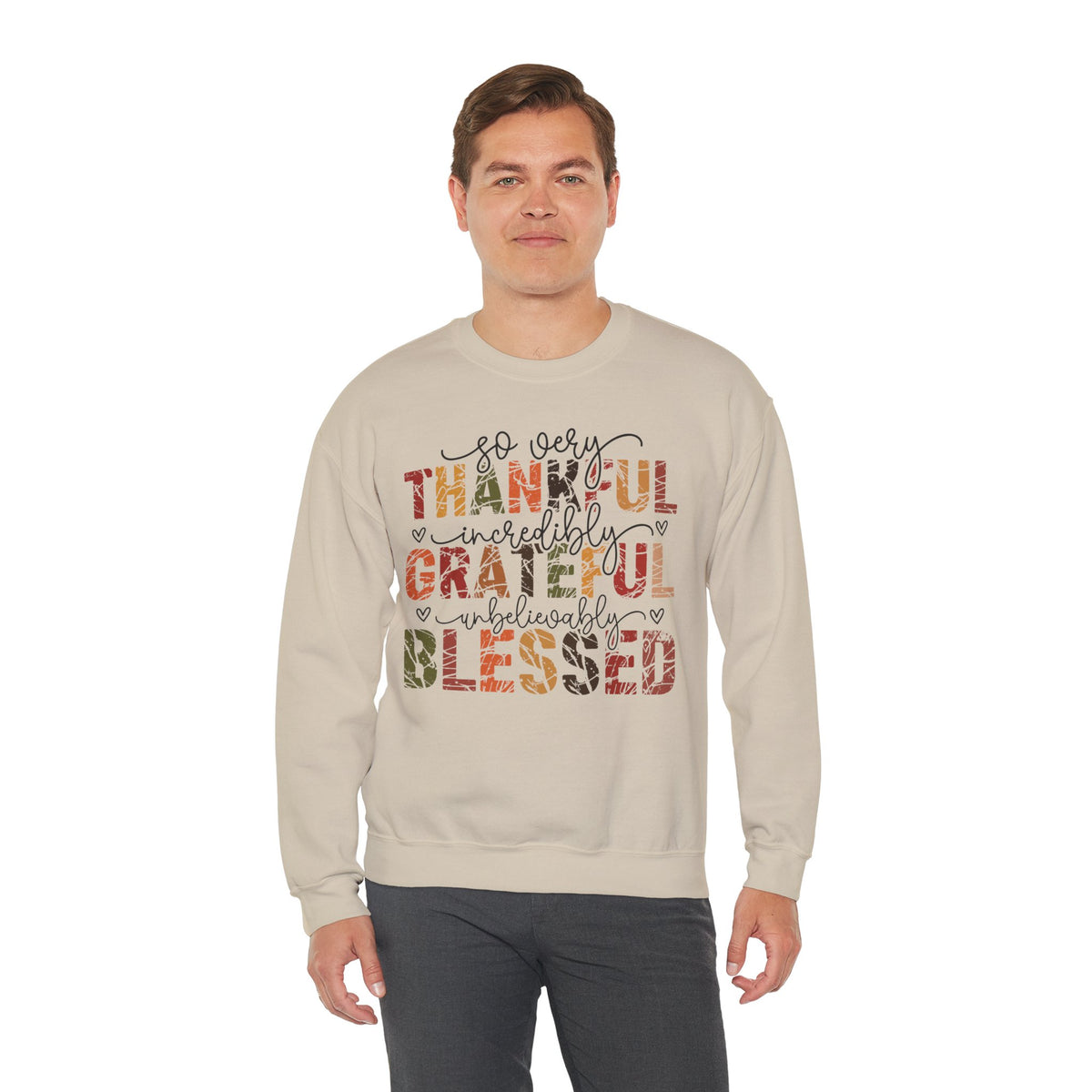 Model wearing the sand Thankful Grateful Blessed Sweatshirt