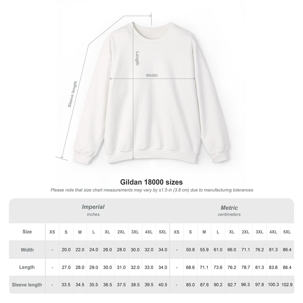 Gildan 18000 sweatshirt size chart in inches and centimetres