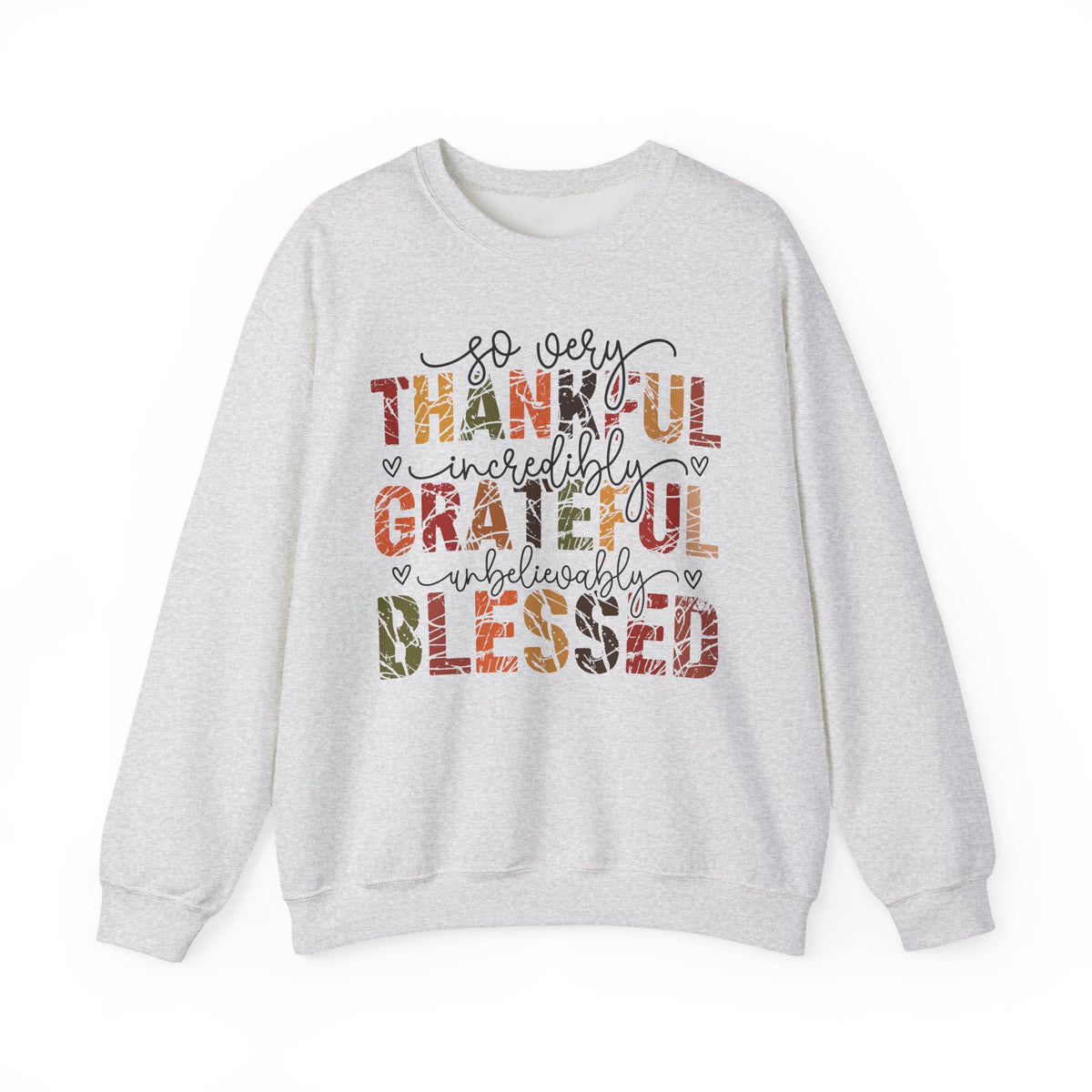 Ash Thankful Grateful Blessed sweatshirt with distressed autumn lettering and script, front view