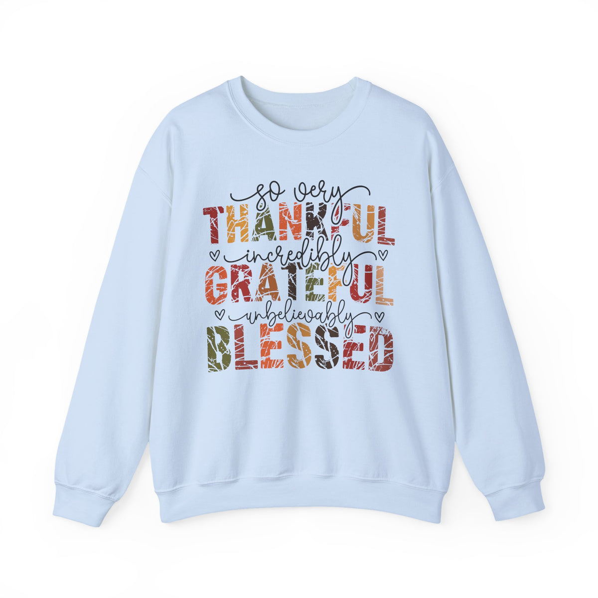 Light Blue Thankful Grateful Blessed sweatshirt with distressed autumn lettering and script, front view