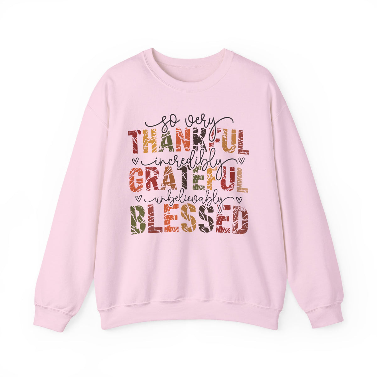Light Pink Thankful Grateful Blessed sweatshirt with distressed autumn lettering and script, front view