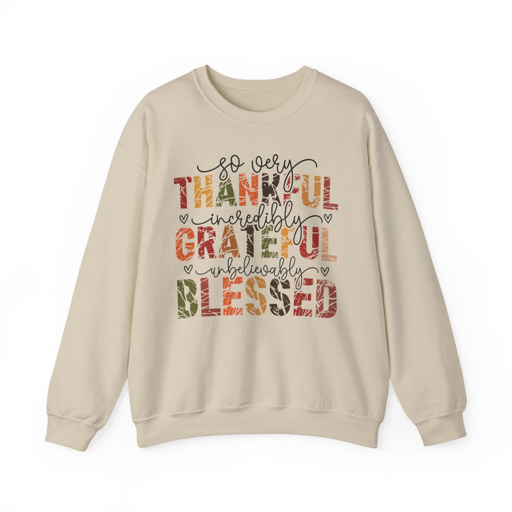 Sand Thankful Grateful Blessed sweatshirt with distressed autumn lettering and script, front view