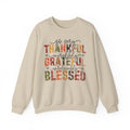 Sand Thankful Grateful Blessed sweatshirt with distressed autumn lettering and script, front view