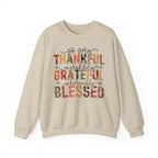 Sand Thankful Grateful Blessed sweatshirt with distressed autumn lettering and script, front view