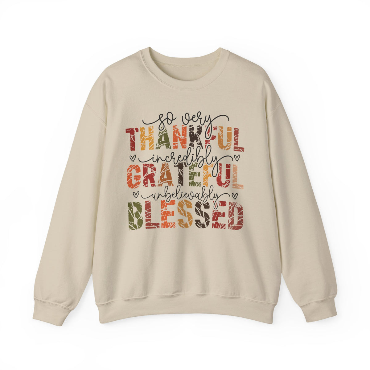 Sand Thankful Grateful Blessed sweatshirt with distressed autumn lettering and script, front view
