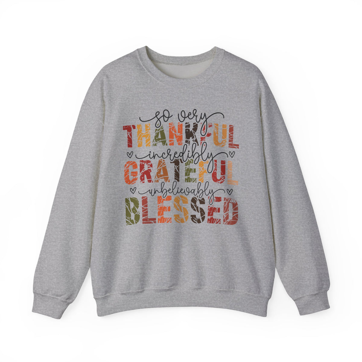 Sport Grey Thankful Grateful Blessed sweatshirt with distressed autumn lettering and script, front view