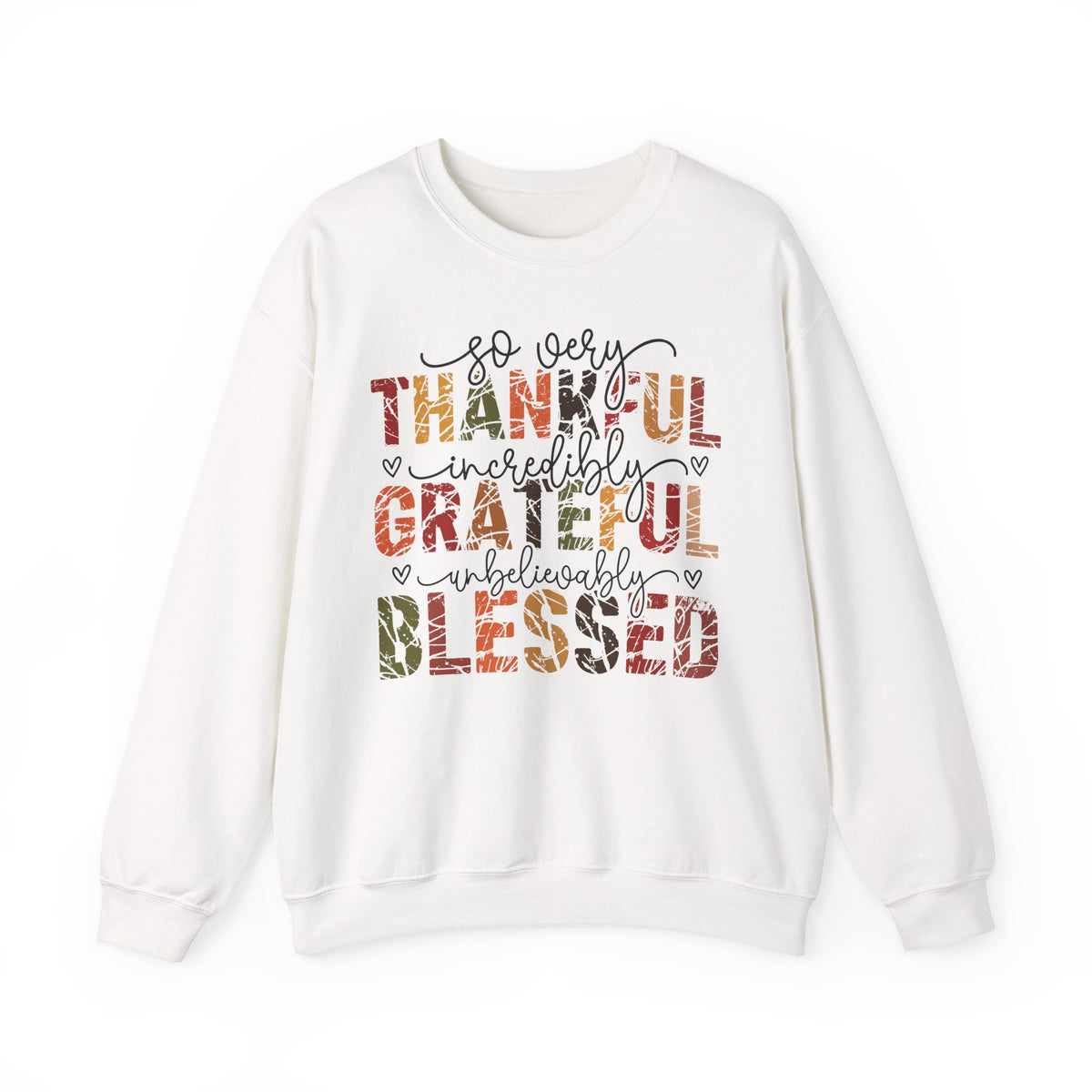 White Thankful Grateful Blessed sweatshirt with distressed autumn lettering and script, front view