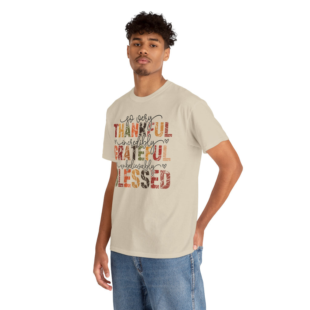 Model wearing the sand Thankful Grateful Blessed T-Shirt
