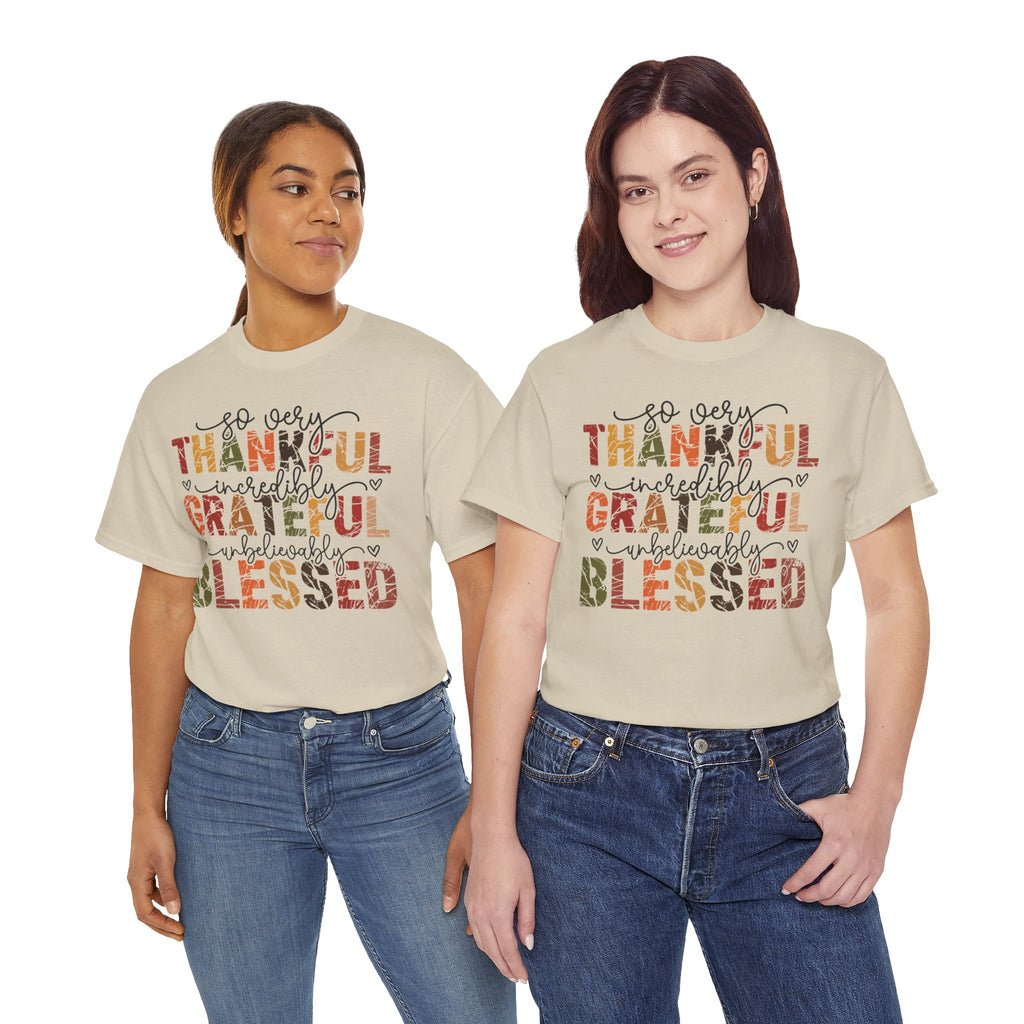 Model wearing the sand Thankful Grateful Blessed T-Shirt