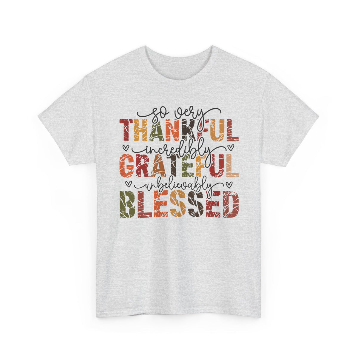 Ash Thankful Grateful Blessed t-shirt with distressed autumn lettering and script, front view