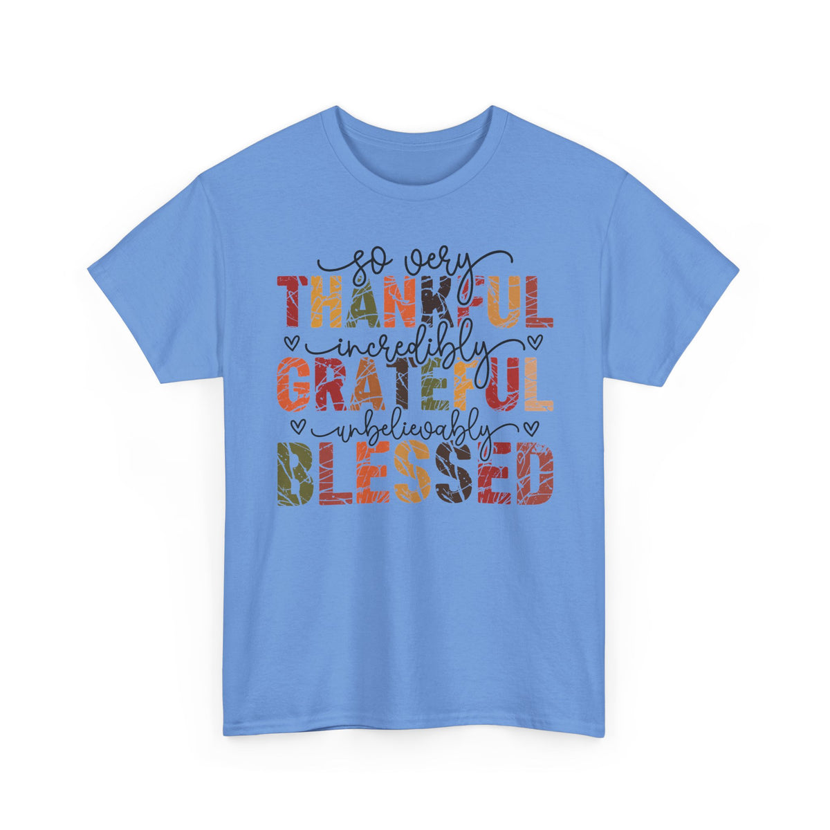 Carolina Blue Thankful Grateful Blessed t-shirt with distressed autumn lettering and script, front view