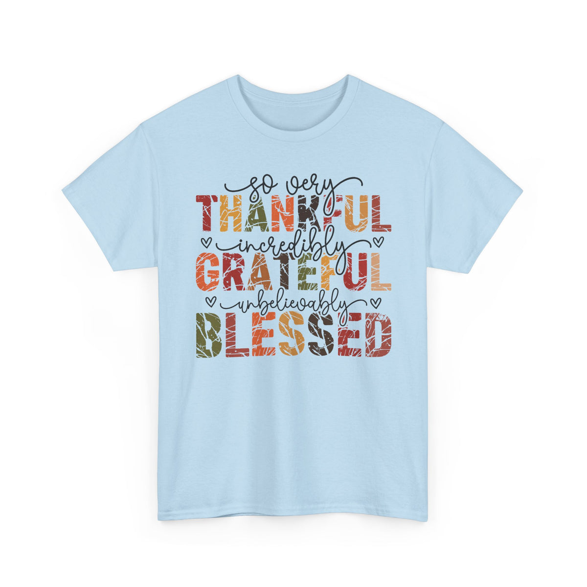 Light Blue Thankful Grateful Blessed t-shirt with distressed autumn lettering and script, front view