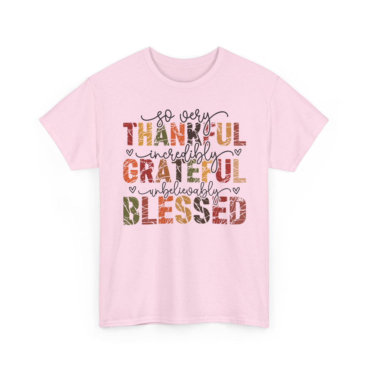 Light Pink Thankful Grateful Blessed t-shirt with distressed autumn lettering and script, front view