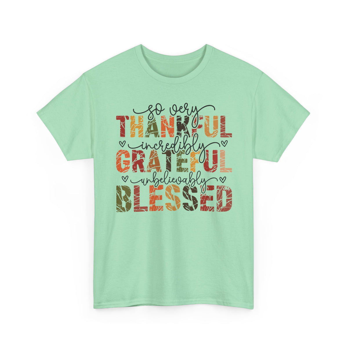 Mint Green Thankful Grateful Blessed t-shirt with distressed autumn lettering and script, front view