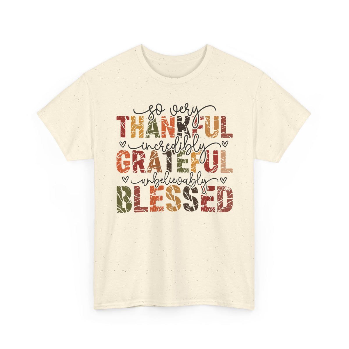 Natural Thankful Grateful Blessed t-shirt with distressed autumn lettering and script, front view