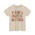 Sand Thankful Grateful Blessed t-shirt with distressed autumn lettering and script, front view