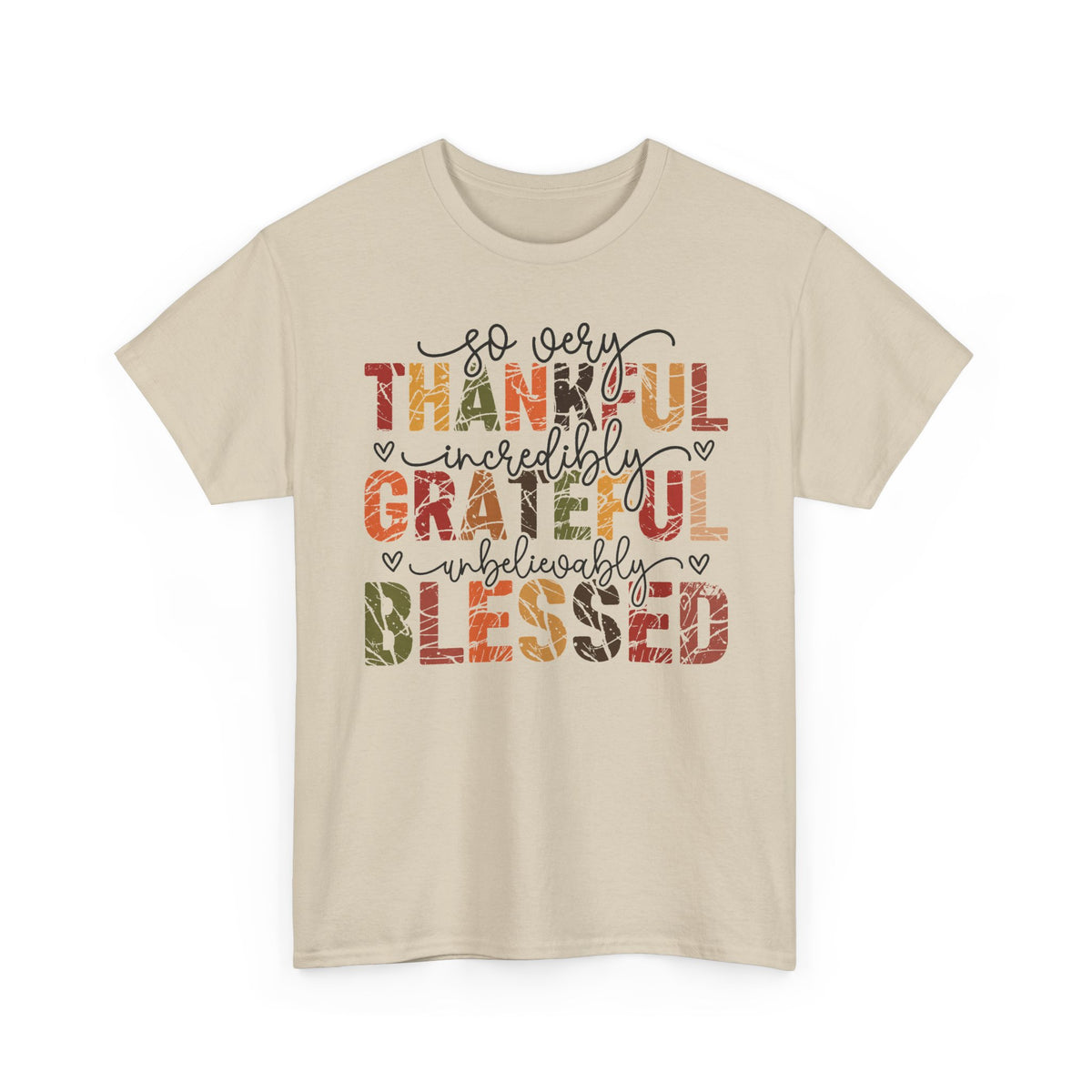 Sand Thankful Grateful Blessed t-shirt with distressed autumn lettering and script, front view