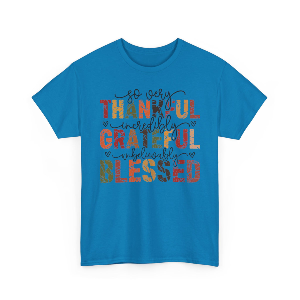 Sapphire Thankful Grateful Blessed t-shirt with distressed autumn lettering and script, front view