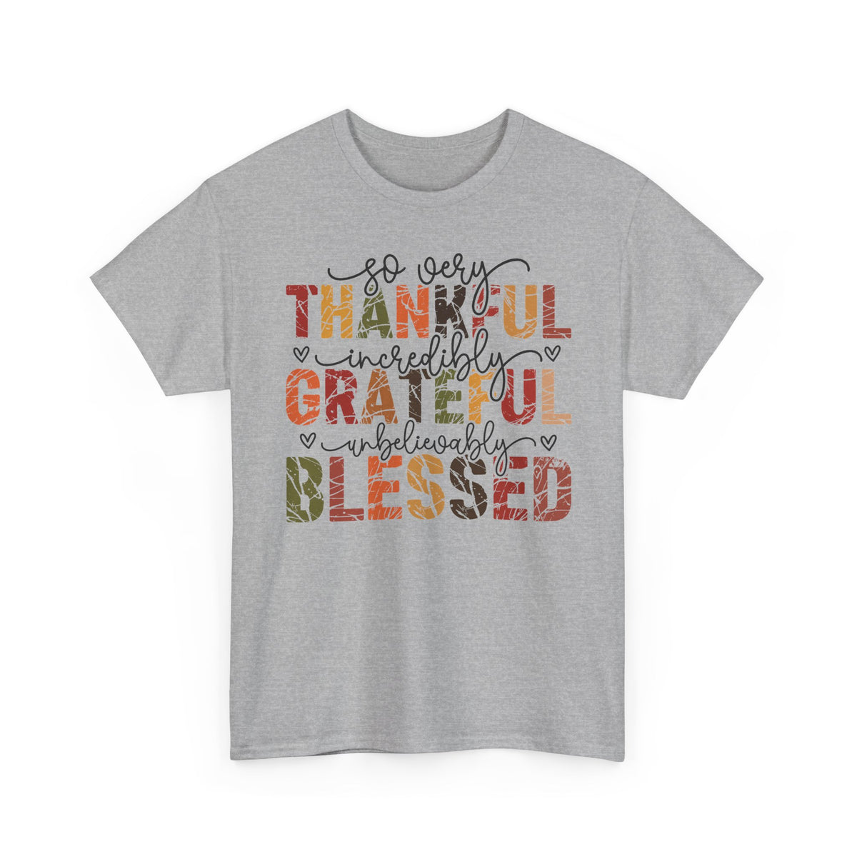Sport Grey Thankful Grateful Blessed t-shirt with distressed autumn lettering and script, front view