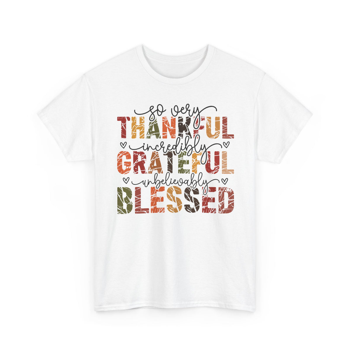 White Thankful Grateful Blessed t-shirt with distressed autumn lettering and script, front view
