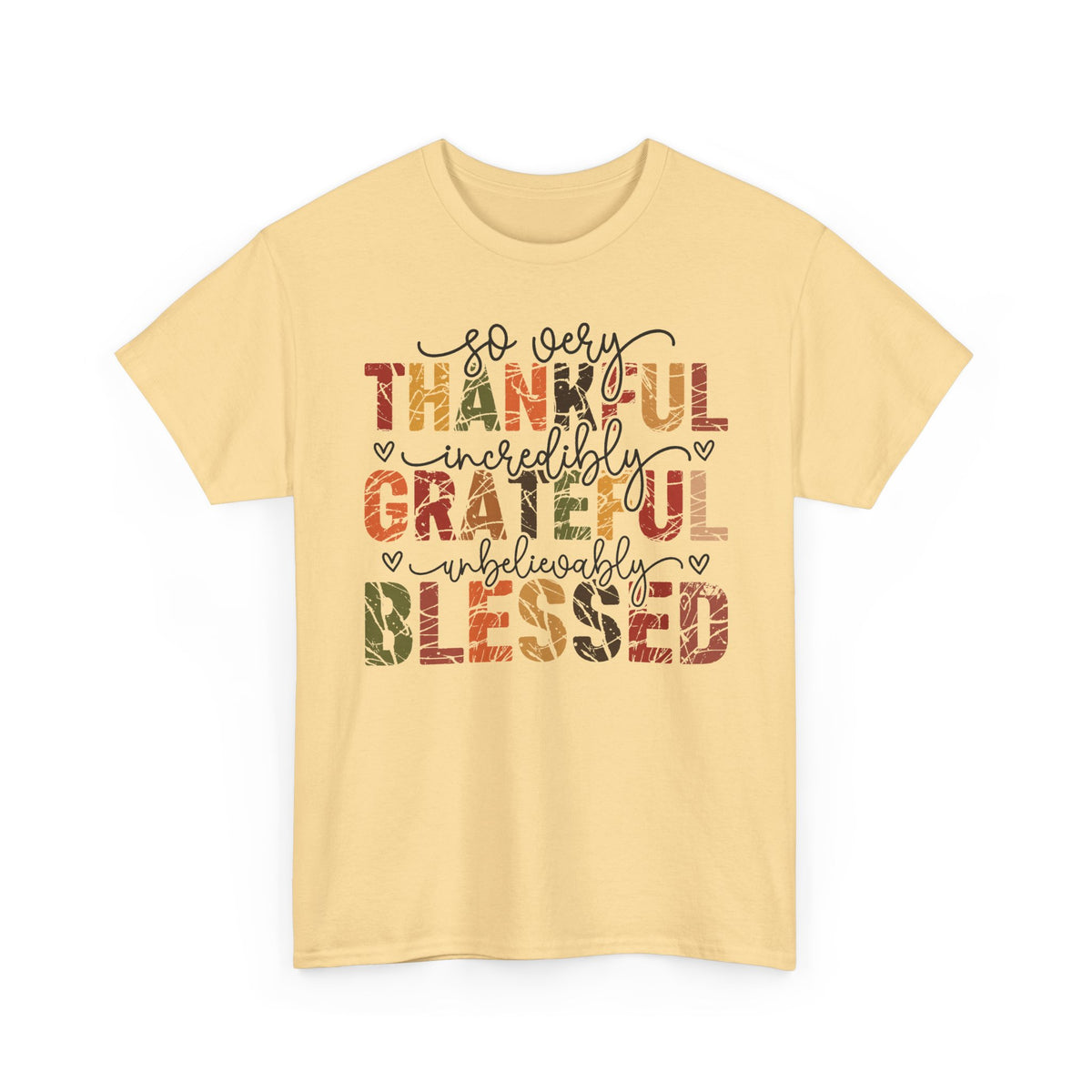 Yellow Haze Thankful Grateful Blessed t-shirt with distressed autumn lettering and script, front view
