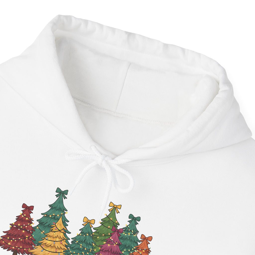 Tis The Season Christmas Trees Hoodie, front collar close-up