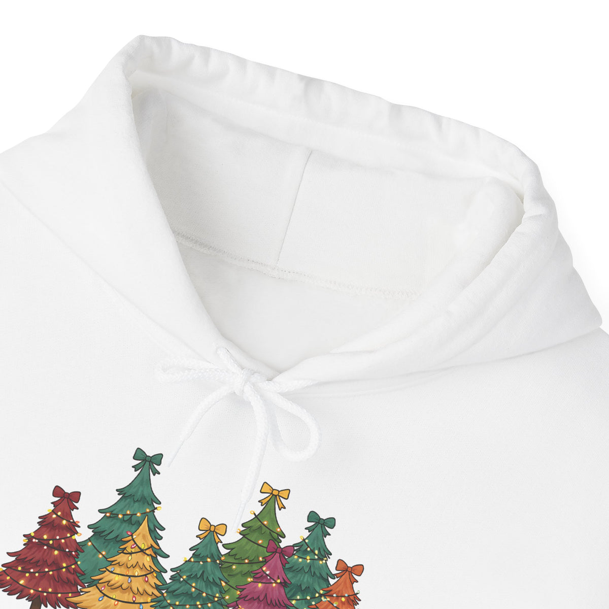 Tis The Season Christmas Trees Hoodie, front collar close-up
