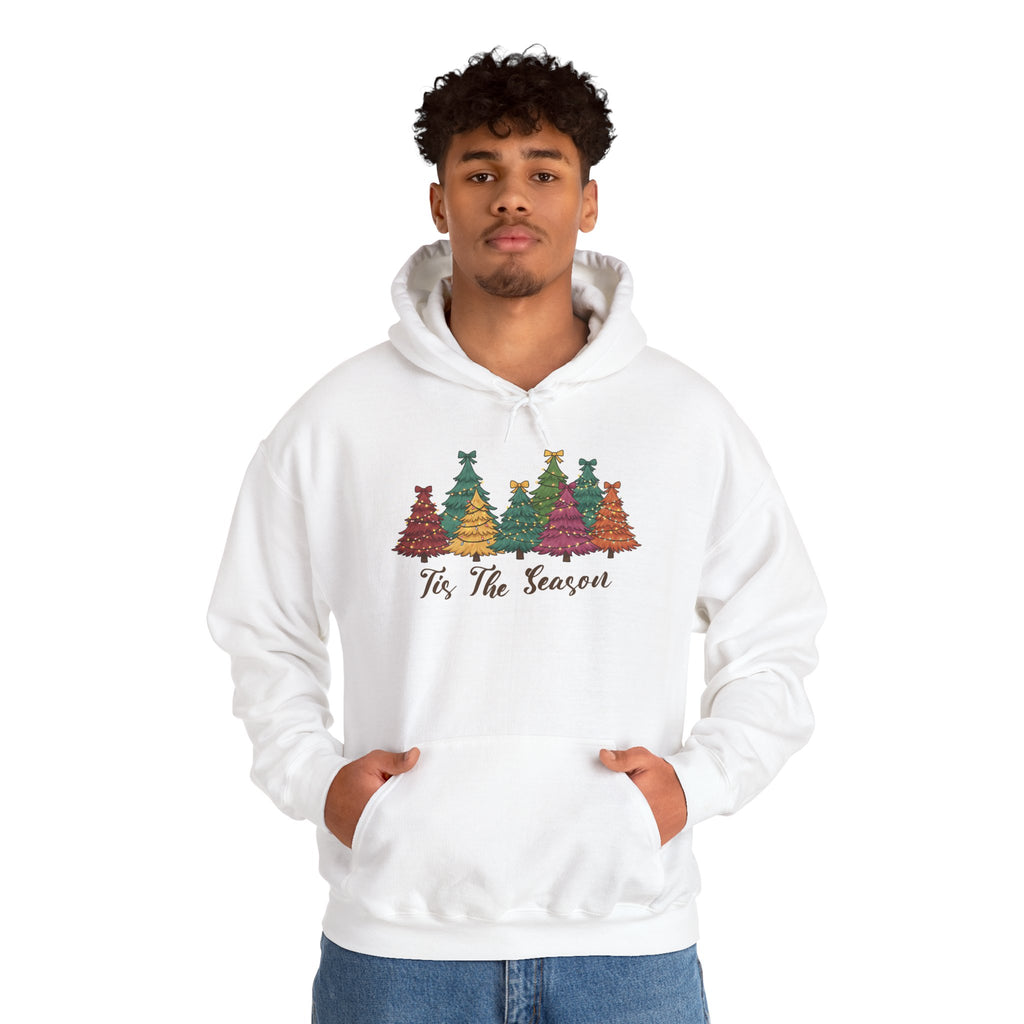 Model wearing the white Tis The Season Christmas Trees Hoodie