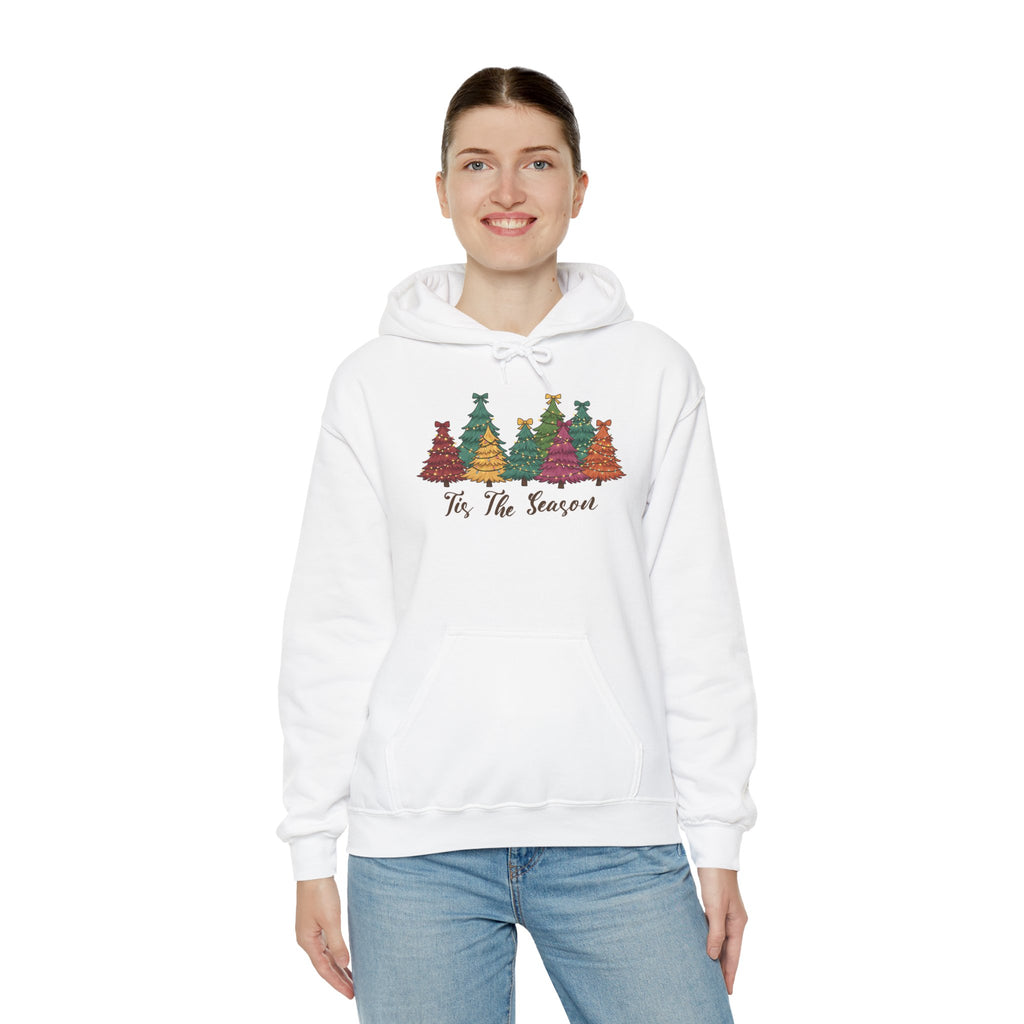 Model wearing the white Tis The Season Christmas Trees Hoodie
